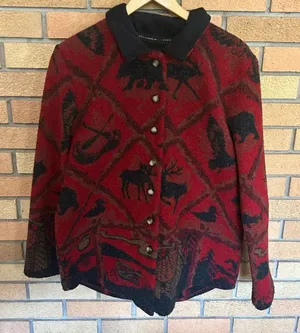 County Clothing Co Women’s Button Up Fleece Jacket Coat Size Medium Red & Black thumbnail 1