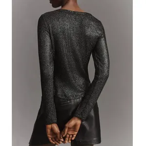 Anthropologie Pilcro Andie Ribbed Spotlight Henley Small Black Metallic Long Sleeve Goth Party thumbnail 3