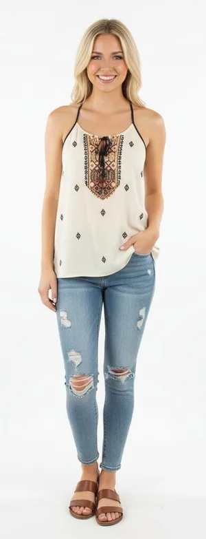 Esley Embroidered Tan Aztec Style Womens Sleeveless Top, Size Large thumbnail 1