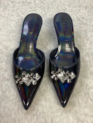 Karl Lagerfeld Sosie Blue Hologram Patent Crystal Mules Kitten Heels US 6.5‎ M thumbnail 1