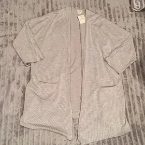 DONNI. Gray‎ White Striped Ribbed Open Front Duster Cardigan Kimono NWT OSFA thumbnail 2