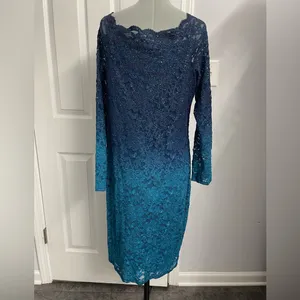 🌹ONYX Nite Women's Short Stretch Lace with Chiffon Drape, Blue Ombré, Size 12 thumbnail 2