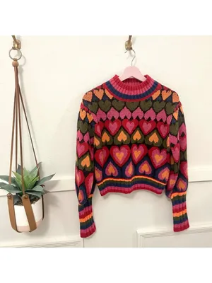FARM RIO Full Of Hearts Jacquard Mock Neck Sweater Size S Multicolored Knit thumbnail 2