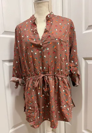 Women’s 1X Floral Blouse Top Brown Taupe Elastic Waist Long Sleeve Roll Tab thumbnail 1