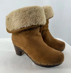 UGG Lynnea Fold Over Suede Shearling Clog Boot‎ in Brown Size 7 thumbnail 1