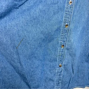 VTG Christmas Holiday Denim Button Down Shirt Embroidered Trees SZ Large STAINED thumbnail 2