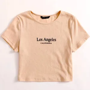 SHEIN Beige “Los Angeles California” Short Sleeve Ribbed Fitted Crop Top thumbnail 2