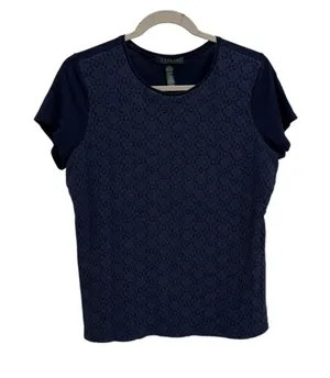 Lauren Ralph Lauren Navy Blue Lacey Eyelet Short Sleeve Shirt Size Women's Large thumbnail 1