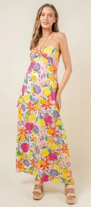 FORE Maxi Dress Women Large White Yellow Strapless Fruit Floral Tie Back Boho thumbnail 1