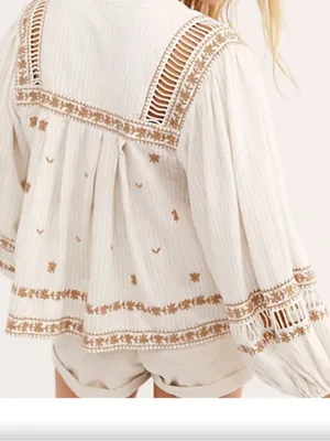 Free People Cream Boho Embroidered Peasant Blouse with Tan Accents thumbnail 3