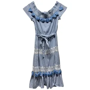 Tularosa Lana‎ Midi Dress Blue Stripe Embroidered Off Shoulder Tiered Tassel thumbnail 3