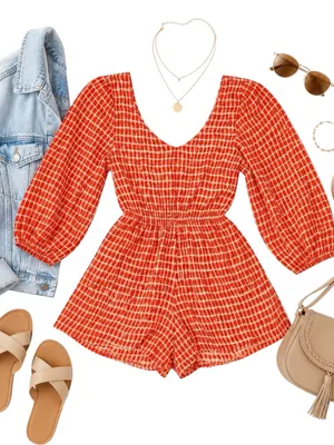 Altar’d State Orange Red Plaid Smocked Romper Women’s Medium Balloon Sleeve EUC thumbnail 2