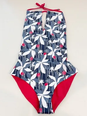 Faherty Caicos‎ Swimsuit Size XS Red Blue Reversible Halter Keyhole One Piece thumbnail 1
