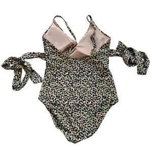 Aerie Leopard Print Wrap One Piece Swimsuit Tan Black Cutout Tie Waist L Long thumbnail 7