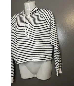H&M Divided Hoodie Womens Medium Black White Striped Cropped Pullover Raglan thumbnail 3