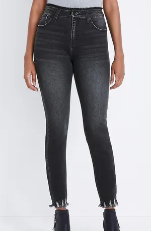 KanCan Charcoal Black High Rise Frayed Waist Skinny Jeans thumbnail 1