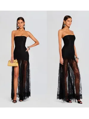 RETROFETE Jeanette Strapless Lace Sheer Black Maxi‎ Dress Size XS thumbnail 2