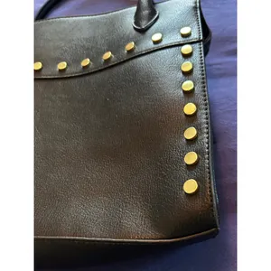 Black Faux Leather Studded Satchel Handbag Gold Studs Top Handle Tote Bag thumbnail 2