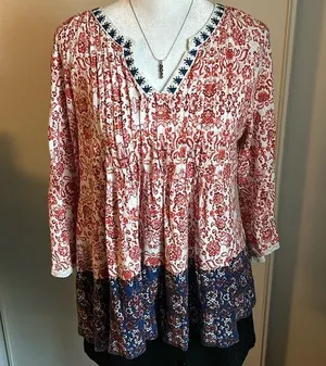 Vintage America Boho Pleated Notch Neck Oversized Peasant Blouse thumbnail 1
