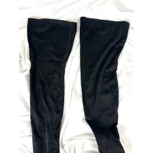 H & M Thigh High Platform Boots Stretch Faux Suede Black 10 thumbnail 13