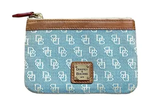 Dooney & Bourke Vintage Signature Jacquard Canvas Leather Blue/Tan Coin Wallet thumbnail 1