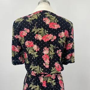 Vintage 80s Floral Shirtdress Button Down Belted Maxi Union Made Black Pink XS thumbnail 8