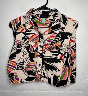 Farm Rio Womens Linen Sleeveless Blouse Button Down Cropped Size Medium Birds thumbnail 1