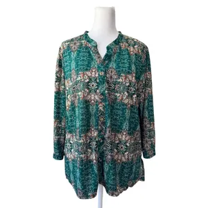 Green, Cream & Brown Long Sleeve Relaxed Fit Lightweight Button Front Blouse thumbnail 2
