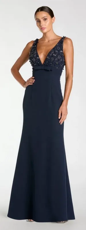 NWOT Mac Duggal 2278 Navy Sleeveless Embellished Crepe Gown With Bow Size 4 thumbnail 1