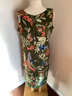 Vintage White Stag Olive Green Floral Sleeveless Midi Dress with Side Buttons Si thumbnail 4