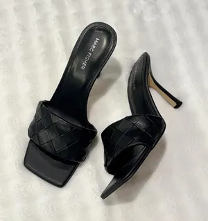 Marc Fisher Black Leather Mules | Square Toe Kitten Heels | Minimalist Chic thumbnail 1