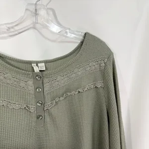 Cato Plus Size 18 20 Top Sage Green‎ Long Sleeve Waffle Knit Thermal Lace 771 thumbnail 3
