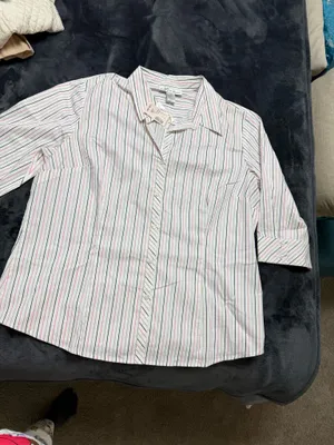 Dressbarn pink and white striped button up shirt with tie Size XXL #preppy #stripedshirt thumbnail 7