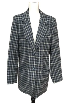 Eddie Bauer Wool Check Long Blazer Jacket Cream Navy Blue M Academia thumbnail 1