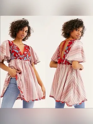 Free People Under The Sun Tunic Dress Floral Striped Red Rome thumbnail 3