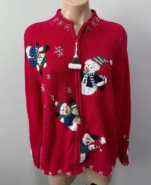 Heirloom Collectibles Snowman Snowflake Ugly Christmas Sweater Cardigan Red thumbnail 1