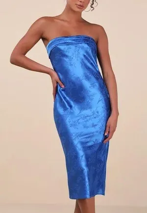 Lulu’s Blue Jacquard Strapless Midi Dress thumbnail 1