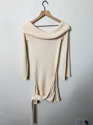 NWT‎ Meshki Camryn Off Shoulder Tie Knit Mini Dress Cream Marle Women’s Size L thumbnail 9