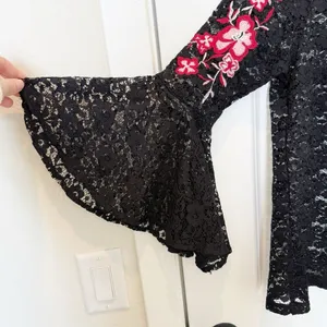 Womens Black Sheer Embroidered Floral Top Small Romantic‎ Whimsigoth Puff Sleeve thumbnail 3