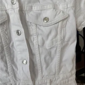 Zara denim playsuit romper button up utility short sleeves white cream collar thumbnail 6