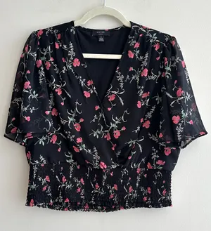 Haver London Smocked Waist Floral Flowy Blouse, Black/Pink, Size Large thumbnail 1