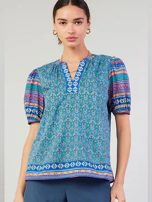 Anthropologie Current Air Floral TribalSplit Neck Blouse Puff Sleeves NWT Small thumbnail 1