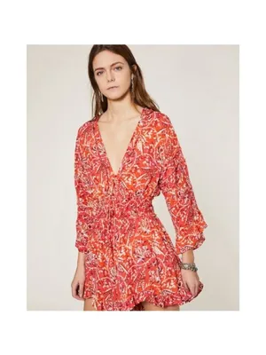 IRO Rhodey Frayed Ruffle Trim Crepe Playsuit 44 Red Romper Floral 12 Loose Fit thumbnail 2