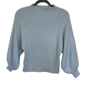 Revolve Line & Dot Light Blue Rib Knit Balloon Sleeve Mock Neck Sweater XS Minimalist thumbnail 1