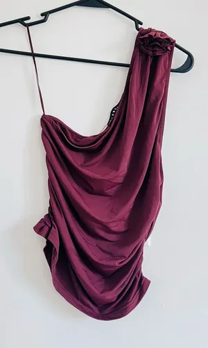 Y2K Brown One Shoulder Rosette Draped Top Medium thumbnail 1