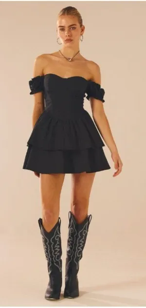 Peppermayo Ready Or Not Corset Mini Dress Womens 0 Black Puff Sleeve Ruffle thumbnail 1