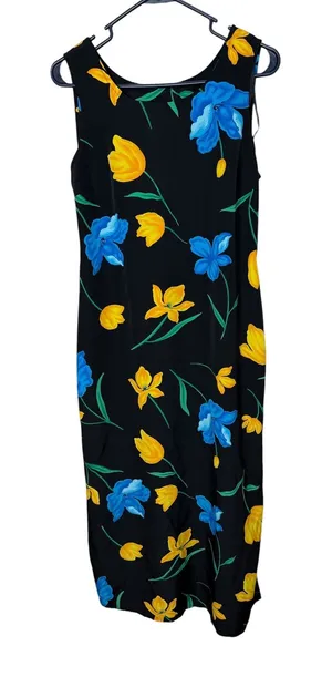 M.H.M. Melissa Harper Vintage Floral Tulip Midi‎ Dress Black Blue Yellow Size 6 thumbnail 1