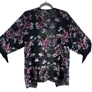 MB Design NWT Floral Velvet Sheer 3/4 Fringe Sleeve Lightweight Open Blouse Sz S thumbnail 2