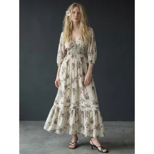 Free People Bohemian Billowy Ethereal Floral Golden Hour Maxi Dress Ivory Large thumbnail 4
