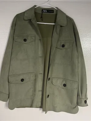 Zara Jacket Women XS Olive Green Faux Suede Utility Overshirt Button Front Soft thumbnail 1